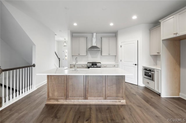 kitchen featuring a center island with sink, wall chimney range hood, sink, dark hardwood / wood-style flooring, and stainless steel appliances