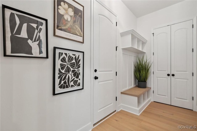 mudroom with light hardwood / wood-style flooring