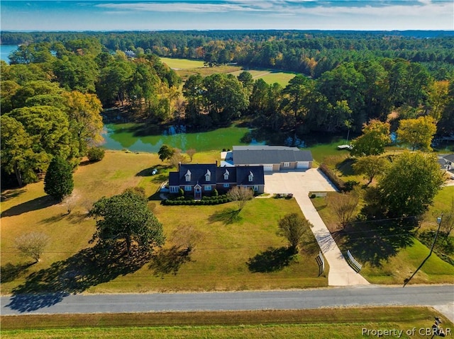 bird's eye view featuring a water view and a forest view