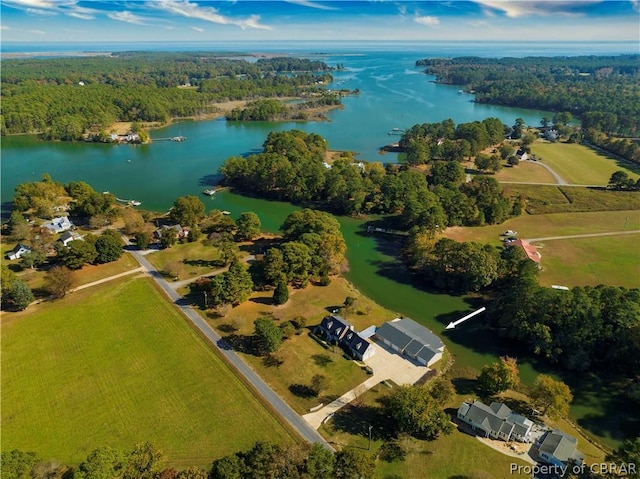 birds eye view of property with a water view and a wooded view