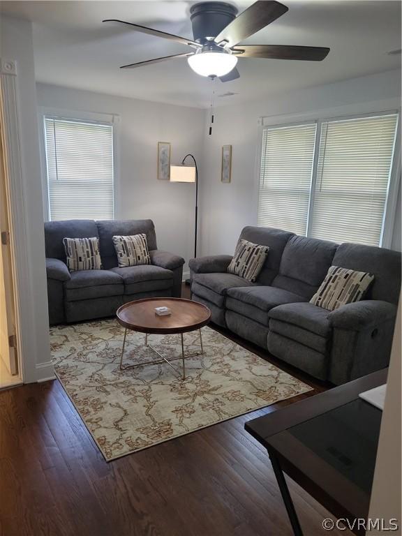 living room with ceiling fan and hardwood / wood-style flooring