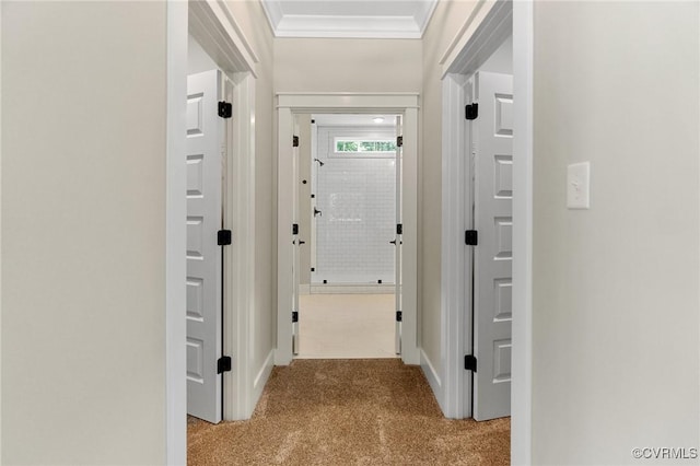 hallway featuring baseboards, carpet floors, and ornamental molding