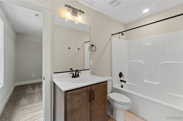 full bathroom with shower / bathing tub combination, visible vents, toilet, and vanity