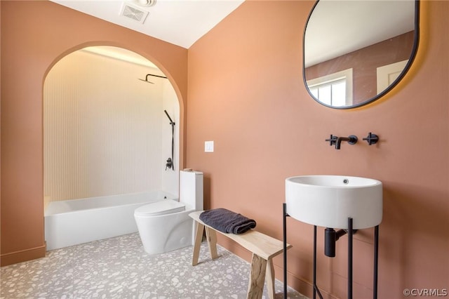 full bath with shower / bathing tub combination, visible vents, and toilet