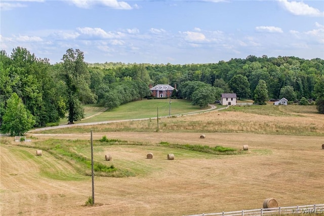 bird's eye view with a rural view and a wooded view