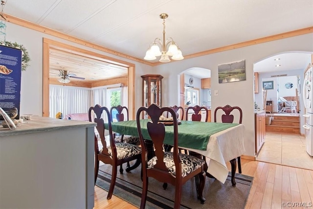 dining room featuring crown molding, ceiling fan with notable chandelier, and light wood-type flooring