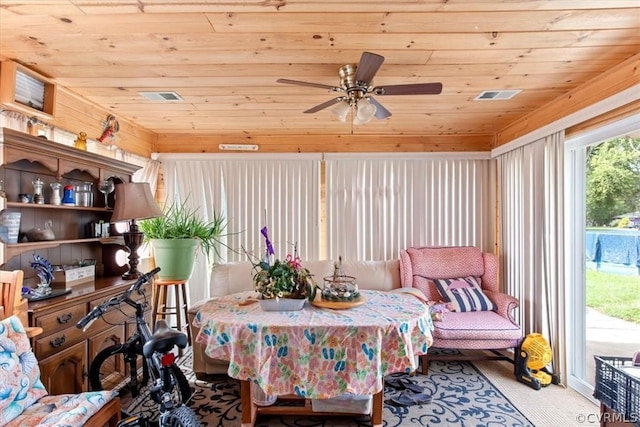 dining room featuring ceiling fan and wooden ceiling