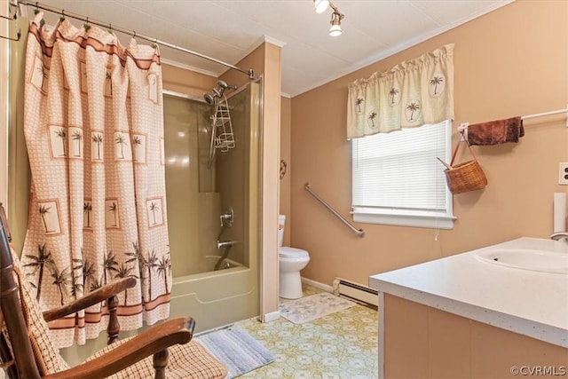 full bathroom with a baseboard radiator, shower / bath combination with curtain, toilet, vanity, and ornamental molding