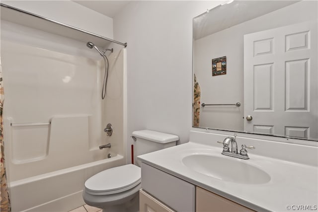 full bathroom featuring tile patterned flooring, toilet, shower / bathtub combination with curtain, and vanity