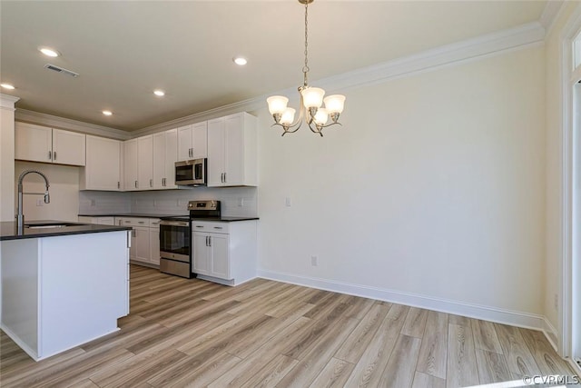 kitchen with sink, white cabinetry, pendant lighting, stainless steel appliances, and decorative backsplash