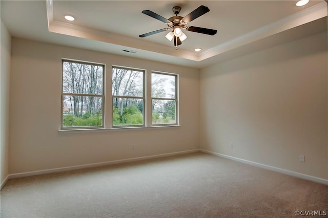 unfurnished room with carpet, ceiling fan, and a tray ceiling