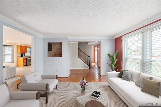 living room with plenty of natural light, ornamental molding, a textured ceiling, and light wood-type flooring