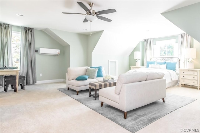 carpeted bedroom with a wall mounted AC, lofted ceiling, and ceiling fan