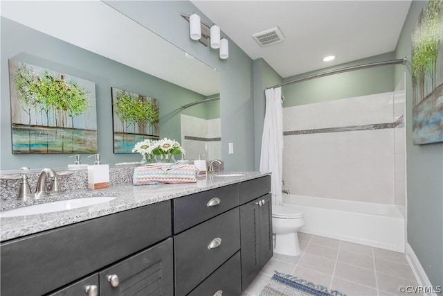 full bathroom with tile patterned floors, vanity, toilet, and shower / bathtub combination with curtain