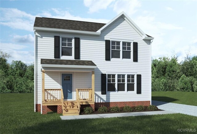 view of front facade with roof with shingles, a porch, and a front yard