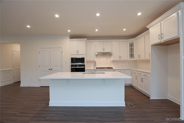 kitchen featuring white cabinetry, sink, and an island with sink