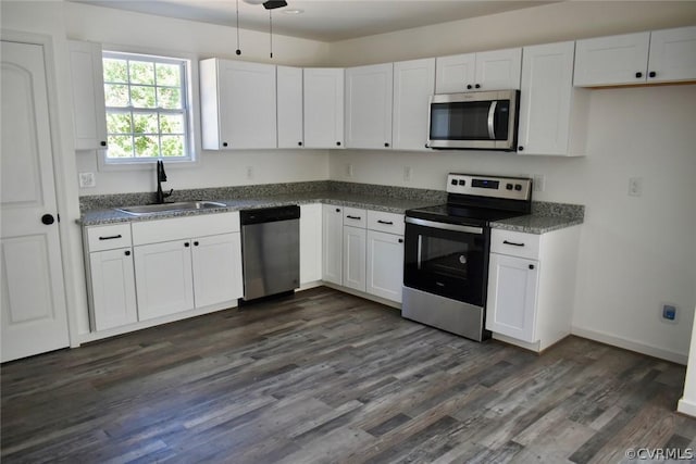 kitchen featuring dark hardwood / wood-style flooring, sink, white cabinets, and appliances with stainless steel finishes