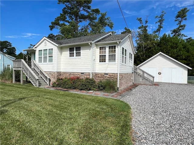 view of front of property featuring crawl space, a shingled roof, stairs, and a front lawn