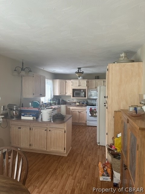 kitchen featuring stove, dark hardwood / wood-style floors, black microwave, and white fridge