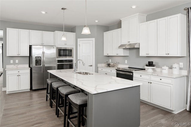 kitchen with sink, appliances with stainless steel finishes, hardwood / wood-style floors, and an island with sink