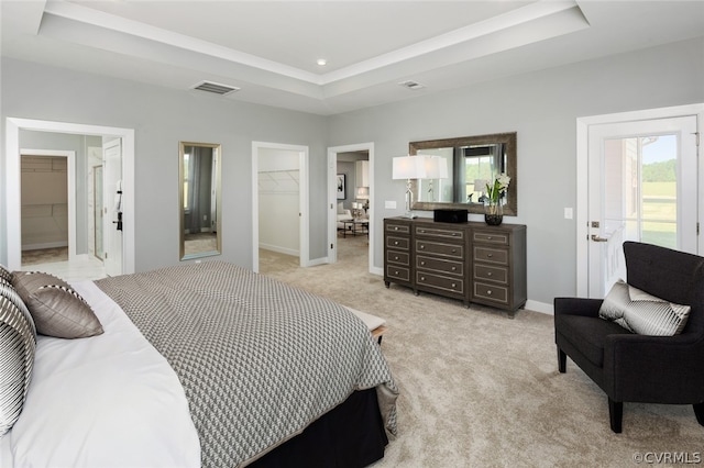 carpeted bedroom featuring a closet, a spacious closet, access to exterior, and a tray ceiling