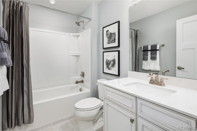 full bathroom with shower / tub combo with curtain, vanity, tile patterned floors, and toilet