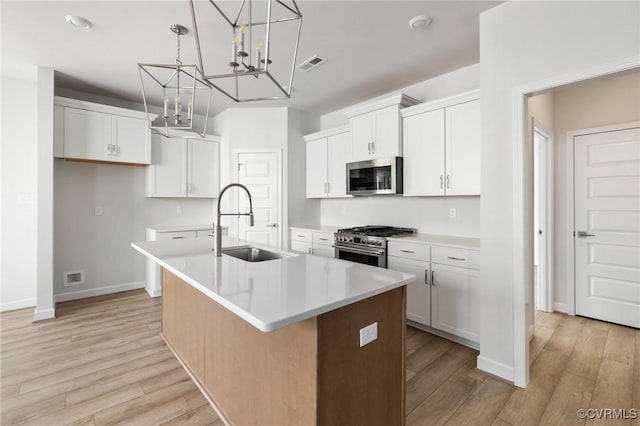 kitchen with white cabinetry, sink, an island with sink, and stainless steel appliances