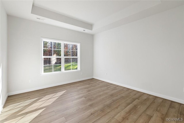 empty room featuring a tray ceiling and light hardwood / wood-style flooring