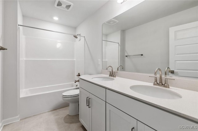 full bathroom featuring tile patterned flooring, shower / tub combination, vanity, and toilet