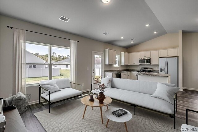 living room featuring vaulted ceiling and dark wood-type flooring