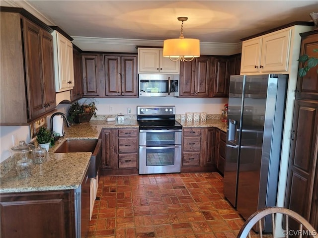 1501 Saxkey Rd, Drakes Branch, VA 23937 - kitchen with decorative light fixtures, light stone countertops, a sink, brick patterned floor, and stainless steel appliances