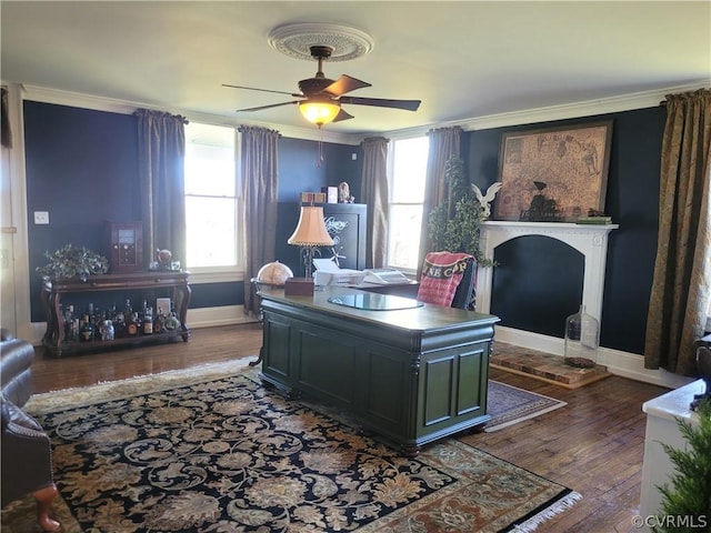 1501 Saxkey Rd, Drakes Branch, VA 23937 - office space featuring ceiling fan, ornamental molding, baseboards, and hardwood / wood-style floors