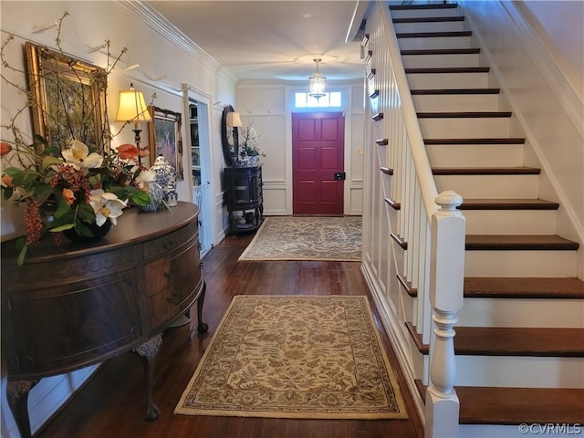 1501 Saxkey Rd, Drakes Branch, VA 23937 - entryway with stairs, dark wood finished floors, and ornamental molding
