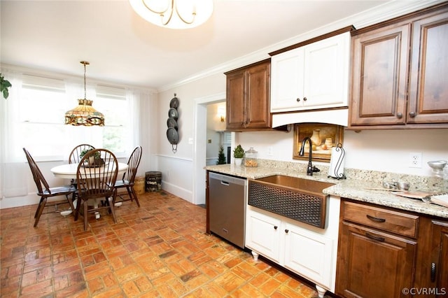 1501 Saxkey Rd, Drakes Branch, VA 23937 - kitchen with crown molding, light stone counters, a sink, brick floor, and stainless steel dishwasher