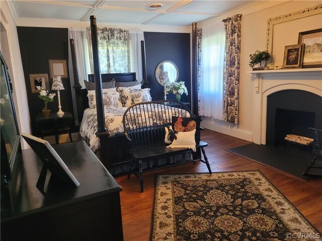1501 Saxkey Rd, Drakes Branch, VA 23937 - bedroom featuring baseboards, a fireplace, coffered ceiling, and wood finished floors