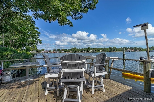 wooden terrace featuring a water view