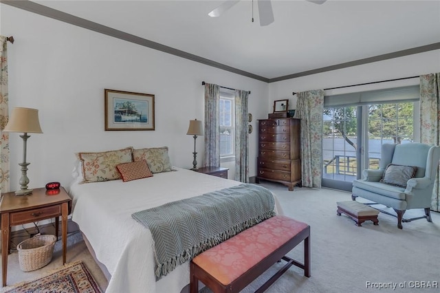 bedroom with access to exterior, carpet floors, a ceiling fan, and ornamental molding