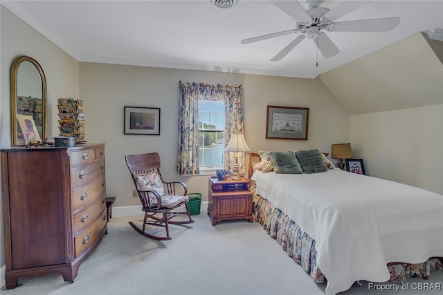 bedroom featuring ceiling fan, vaulted ceiling, and light colored carpet