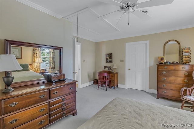 bedroom with light colored carpet, attic access, and ornamental molding