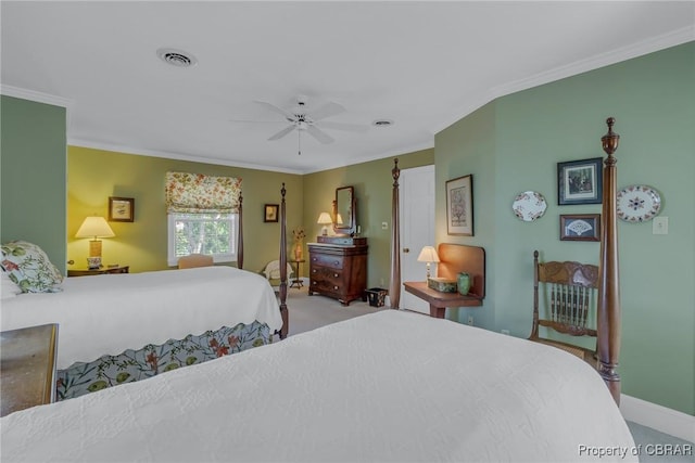bedroom featuring ceiling fan, carpet, visible vents, and ornamental molding