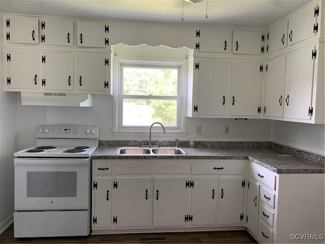 kitchen with dark hardwood / wood-style flooring, sink, white cabinets, and white electric range oven