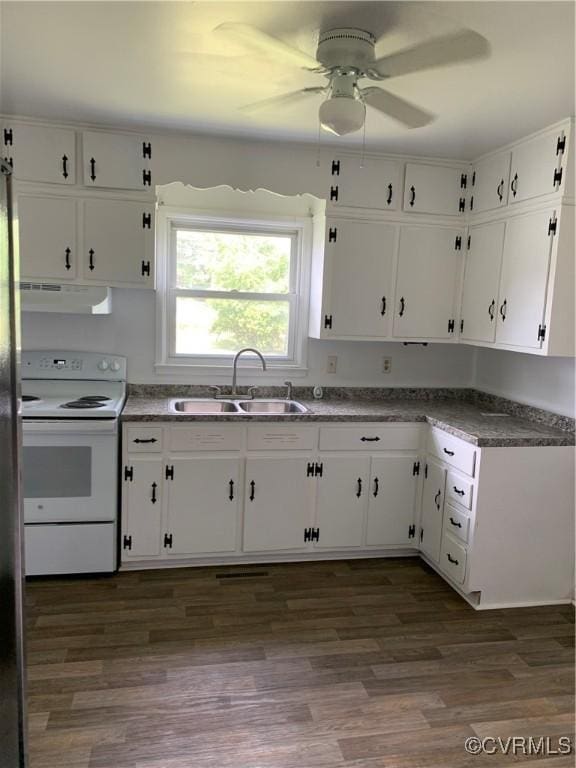 kitchen featuring dark wood-type flooring, white cabinets, sink, ceiling fan, and white electric range oven