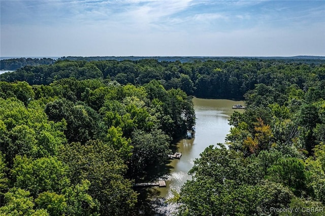 aerial view with a forest view and a water view