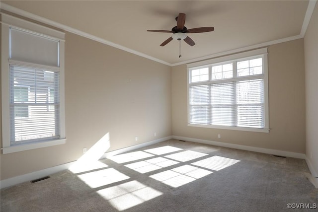 carpeted empty room featuring ceiling fan and ornamental molding