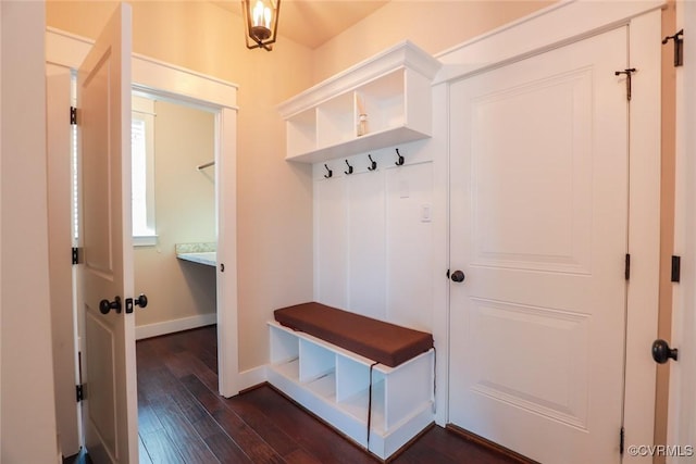 mudroom featuring dark wood-type flooring