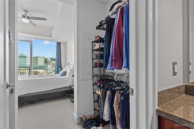 walk in closet with carpet floors and ceiling fan