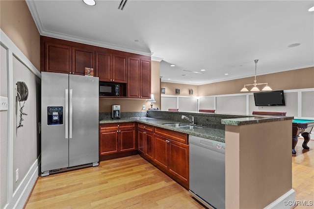 kitchen featuring dishwashing machine, black microwave, stainless steel refrigerator with ice dispenser, light hardwood / wood-style floors, and kitchen peninsula