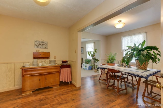 dining area with dark hardwood / wood-style flooring