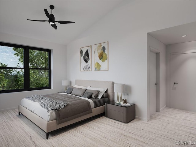 bedroom with ceiling fan and high vaulted ceiling