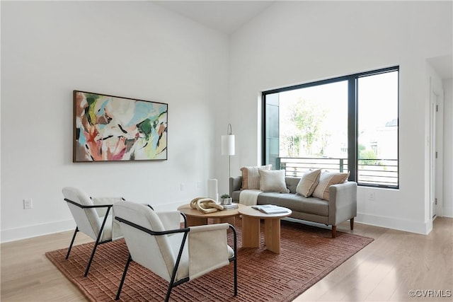 living room featuring light hardwood / wood-style flooring and a towering ceiling